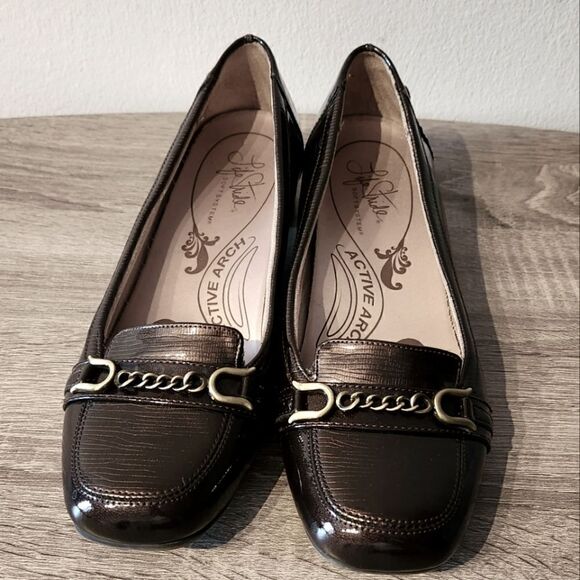 Life Stride Support Soft System Active Arch Shoes Brown Gold Trim Patent Sz 9,5 - Picture 1 of 3